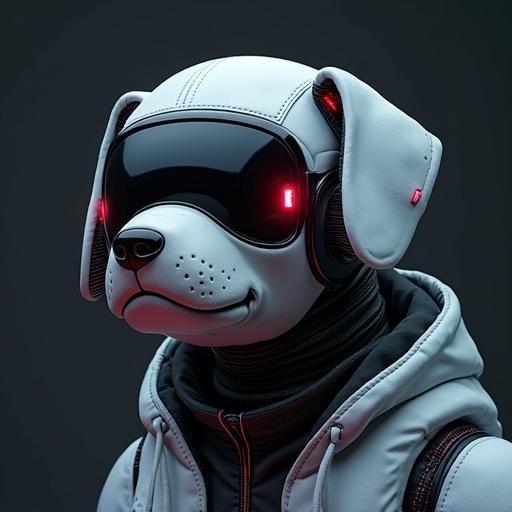 Illustration of a cybernetic dog wearing black visor headphones. The dog has a smooth white exterior and is wearing a stylish hoodie. Its design features glowing red accents to highlight its futuristic appeal. The background is dark to emphasize the character's design.