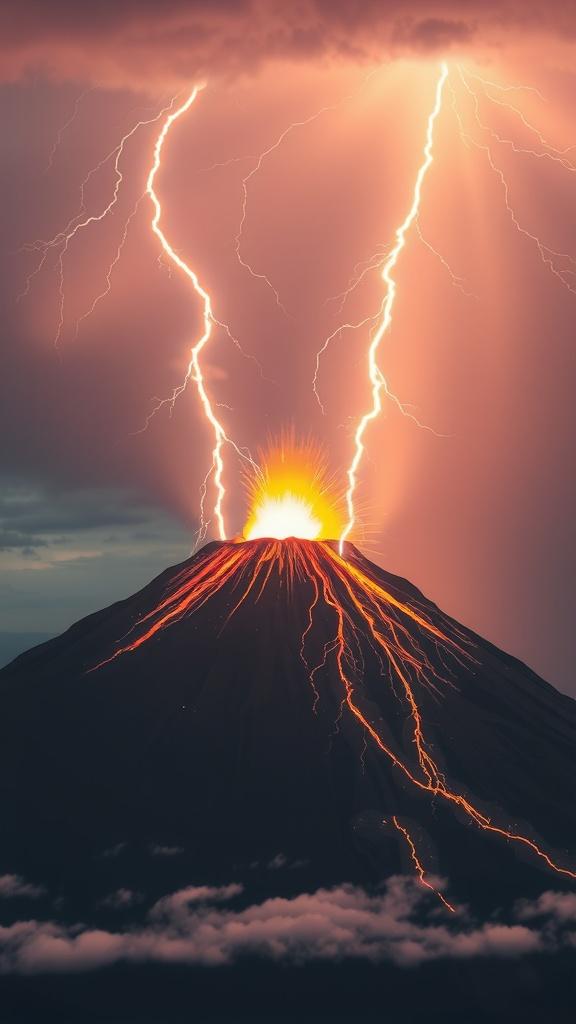 A volcano erupts amid a dramatic lightning storm, casting a fiery glow against the dark sky.