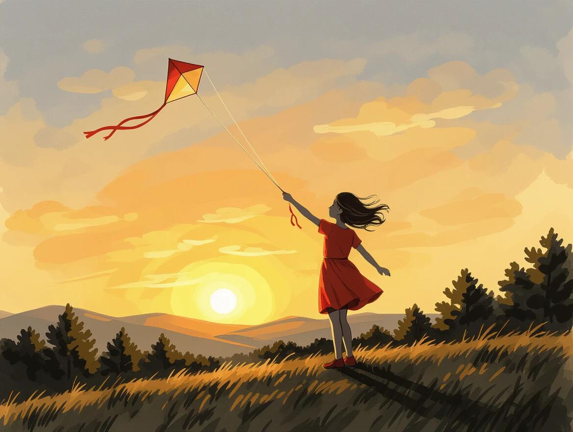 A girl stands on a hill flying a kite. The girl wears a red dress. The wind blows through her hair. The sunset fills the sky with golden hues. Trees dot the background. The atmosphere feels joyful and free.