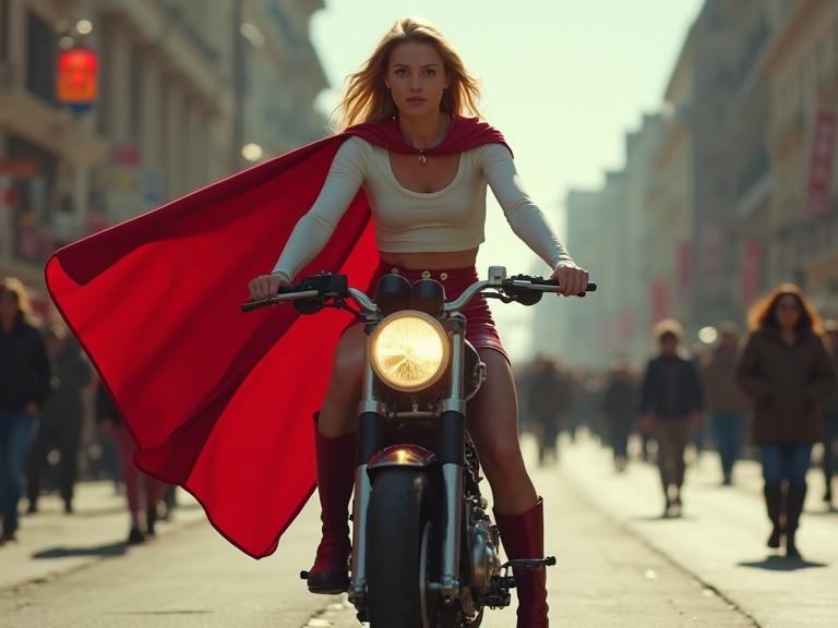 A woman resembling a superhero rides a motorcycle through a crowded street. She wears a white crop top, a red mini skirt, and a flowing red cape. The scene captures an urban environment with a cinematic feel.