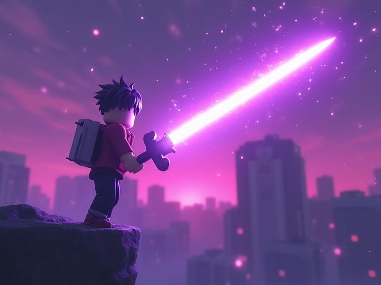 Thumbnail design for Roblox ARPG game. Roblox character with a sword. Epic violet trail behind sword. Character is in an action pose. Background features a cityscape. Bright colors and dramatic lighting.