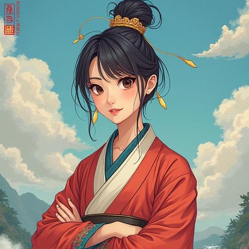 Illustration of a young woman dressed in an ornate traditional attire standing against a scenic backdrop with clouds and mountains