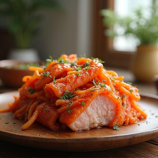 Close-up photograph of a vibrant pasta dish on a wooden plate. The pasta is garnished with herbs. Natural lighting and soft focus highlights the textures and colors.