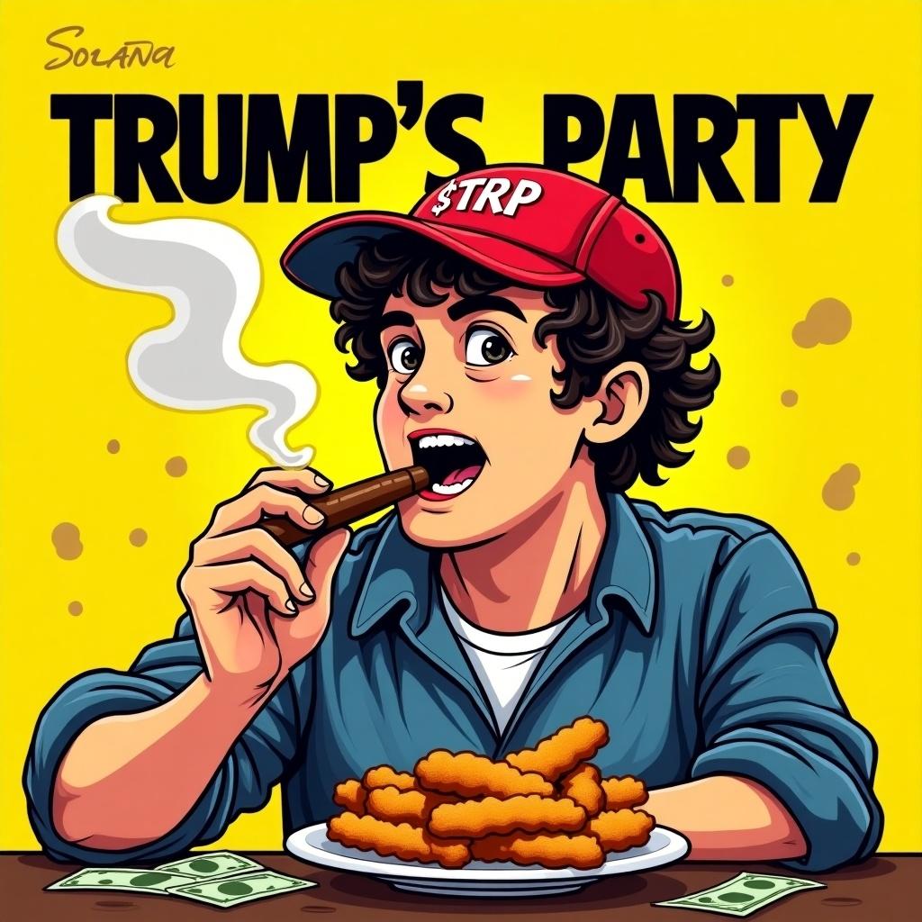 Vibrant illustration featuring young man in red cap enjoying deep fried chicken strips and smoking cigar. Relaxed expression, surrounded by cash. Bold black text 'TRUMP'S PARTY' on yellow background. Fun and enjoyable atmosphere. Suitable for meme coin profile picture.