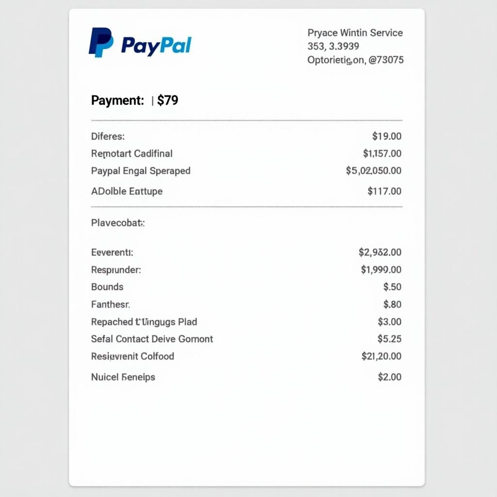 Image depicts PayPal payment receipt. Payment amount is $79. Receipt includes various items with corresponding amounts. PayPal logo is visible at the top. Contact information shows transparency for both parties. Design appears clean and professional.