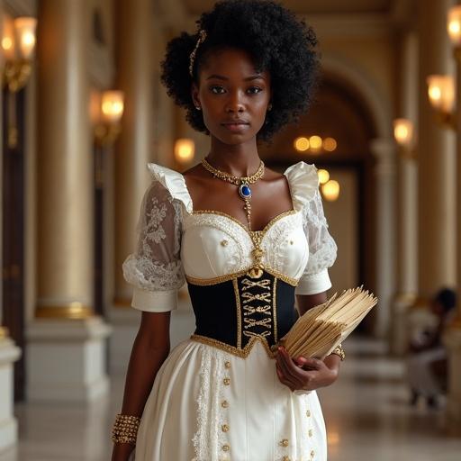 An Afro goddess inspired by Yemọja with sleek black skin and Japanese-like features. Glossy hair with golden kanzashi. Wears white European maid uniform with black trims. Corset bodice emphasizing hourglass figure. Lace sleeves with sheer panels. Accessories include choker, bracelets, embroidered apron. Strides down grand hallway with documents in hand. Poised and confident expression. Softly lit background with magical particles.