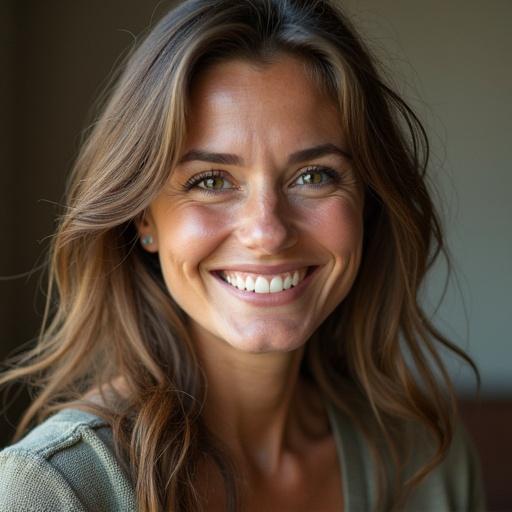 Portrait of a smiling woman with long hair. Natural light illuminates her face. She wears a casual top. Expression is friendly and approachable.