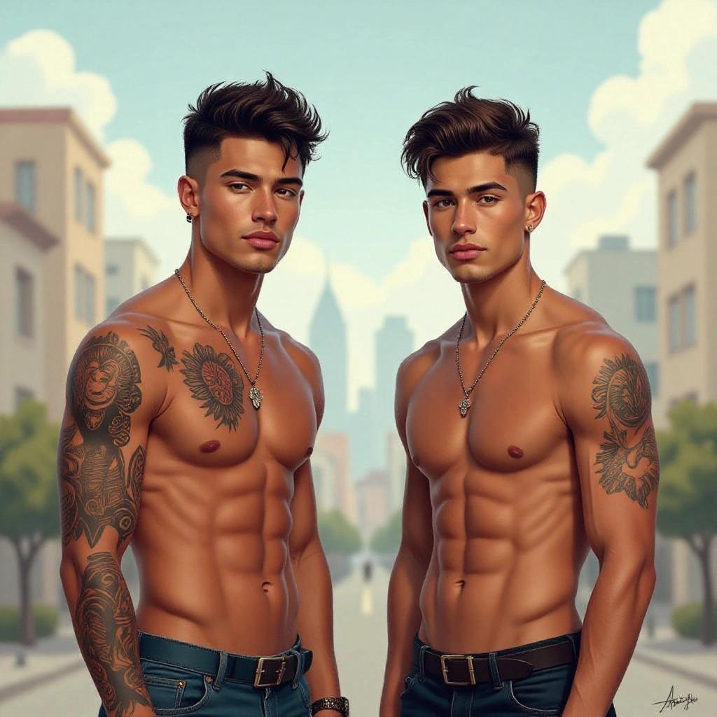 Semi-realistic illustration in fantasy cover style featuring two men as friends in a blend of urban and fantasy landscape. One man short dark hair with tattoos athletic build; the other is slim brown-eyed simple appearance.