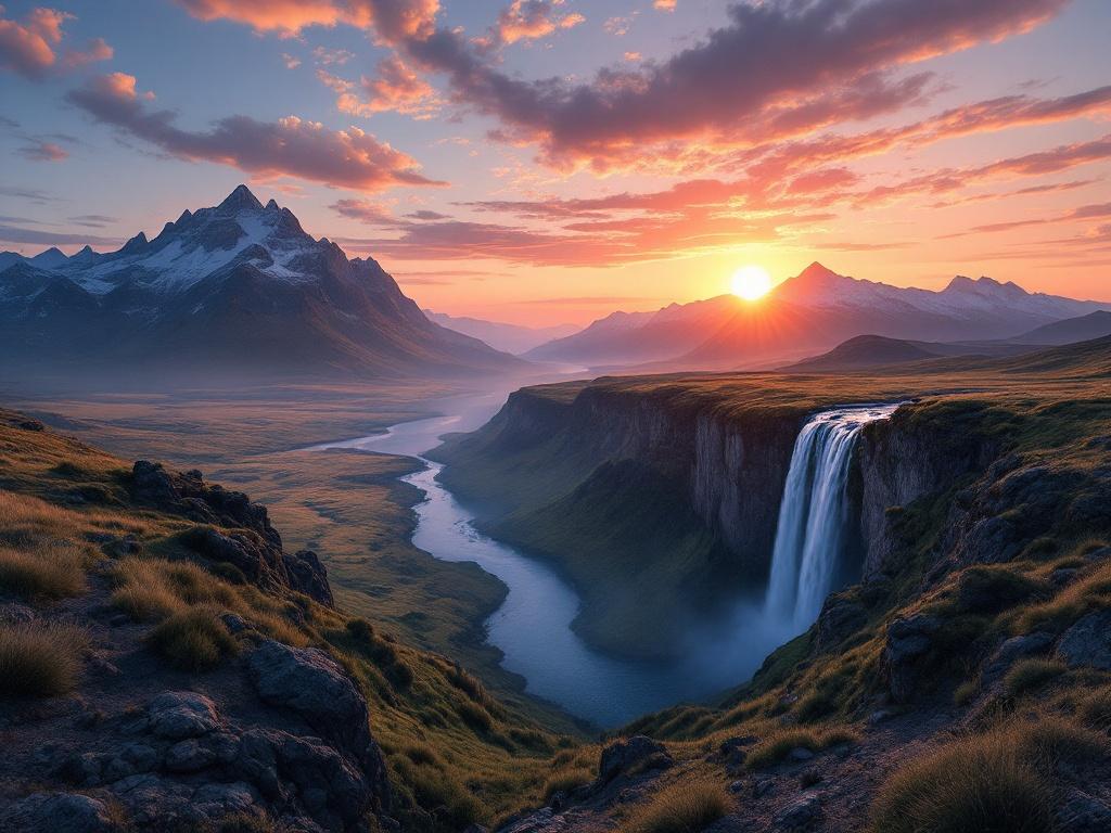 This image captures a stunning surreal landscape. You see towering mountains in the background, adding to the majestic feel of the scene. A beautiful waterfall dominates the foreground, plunging into a serene river that flows through lush grasslands. The sunrise creates a breathtaking atmosphere, with colors blending harmoniously in the sky. The large sun sits at the horizon, partially hidden yet radiating a warm golden glow, illuminating the entire scene.