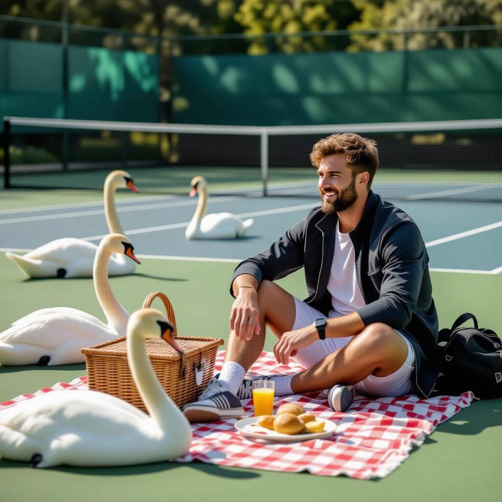 Man sits on a tennis court. He enjoys a picnic on a red and white checkered blanket. Swans surround him. A picnic basket and food items are present. Sunlight brightens the scene. Tennis court equipment is visible in the background.