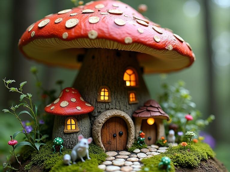Whimsical village inside a giant mushroom cap with tiny houses and pebble paths. Glowing lanterns and miniature creatures like mice and frogs. Delicate ferns and wildflowers grow along the edges.