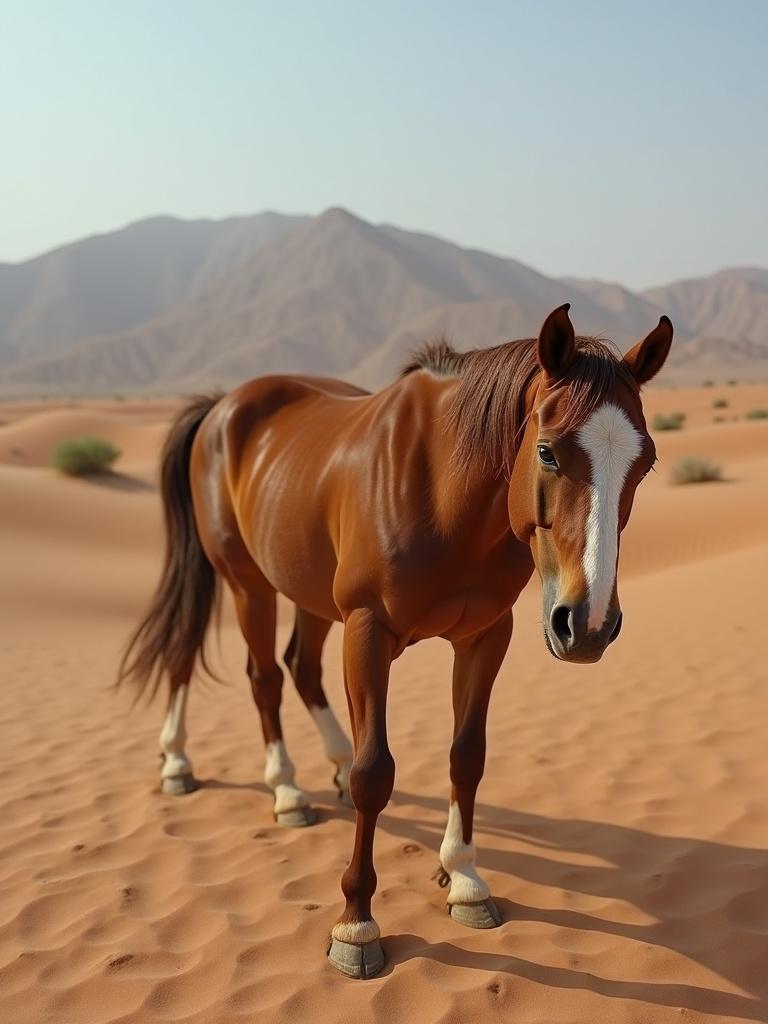 A majestic horse stands gracefully in a desert landscape with mountains in the background.