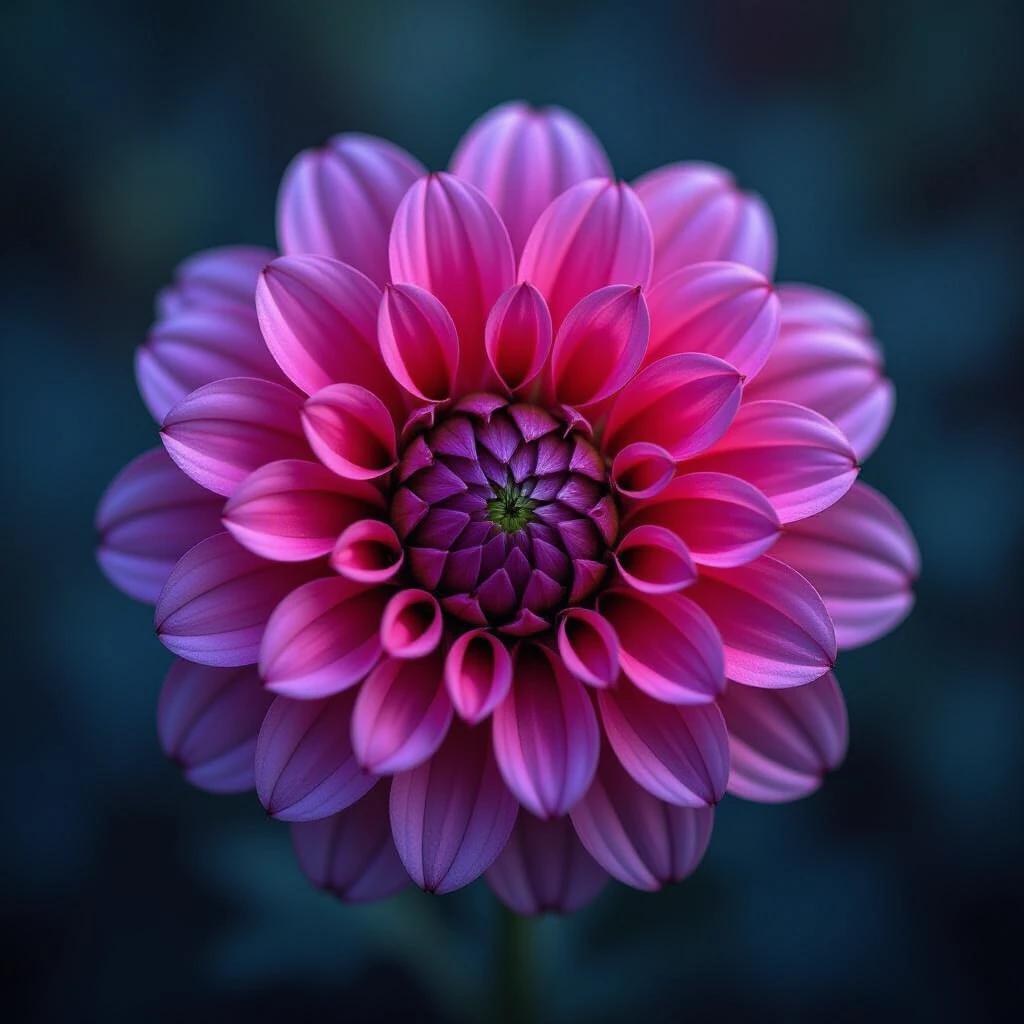 An artistic image of a dahlia flower showcases intricate petal detail. The background is dark, enhancing the flower's vibrant pink hues and creating a mysterious atmosphere. The focus is on the flower's detailed petals and center, with a soft illumination that brings out its beauty.
