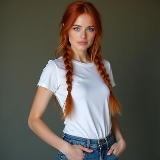 18 year old Irish woman with red braided hair has blue almond eyes. She wears a white t-shirt and a short blue jean. Model shows a slim physique without visible facial features.