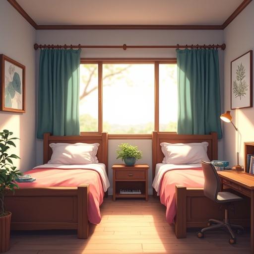Bedroom design features two beds with pink beddings and a desk for study. Natural light enters through the window, enhancing the cozy atmosphere. Plants and artwork add decor.
