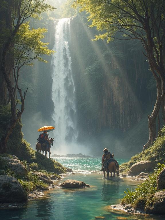 A serene scene showing two riders on horseback near a waterfall. One rider holds an umbrella. Sunlight glows through the trees. Water cascades gracefully down the rocks. A tranquil natural setting with a blue-green pool of water.