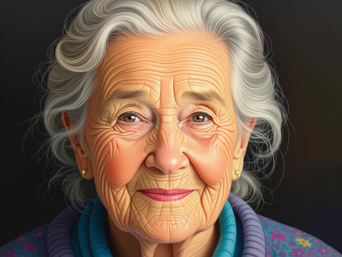 Artwork features a hyper-realistic portrayal of an elderly woman. The subject exhibits delicate wrinkles and a gentle smile. The composition focuses on the warmth and gentleness of her expression. The colors are soft and inviting. The overall atmosphere encourages appreciation for aging gracefully.