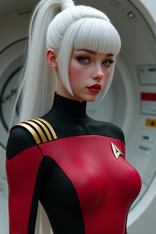 A character designed in a Starfleet uniform combining red and black. Features a slim body, long white hair styled in a ponytail, pale skin, and light blue eyes. The character exhibits a shy expression. Dramatic low-angle view with cinematic lighting. Background features a Starship, emphasizing a futuristic setting.