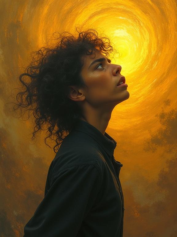 A portrait with a figure in profile among swirling patterns. Subject shows deep disappointment. Eyes wide and mouth slightly agape. Warm amber and gold colors dominate. Background features abstract movements.