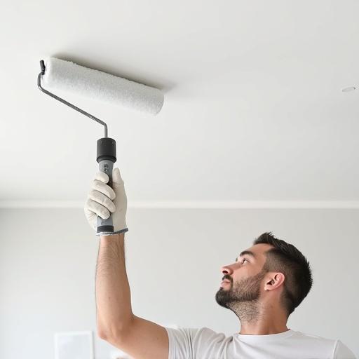 Painter using a roller to paint ceiling surface white. Single worker focused on task. Bright indoor setting, lightly colored walls, and soft lighting.