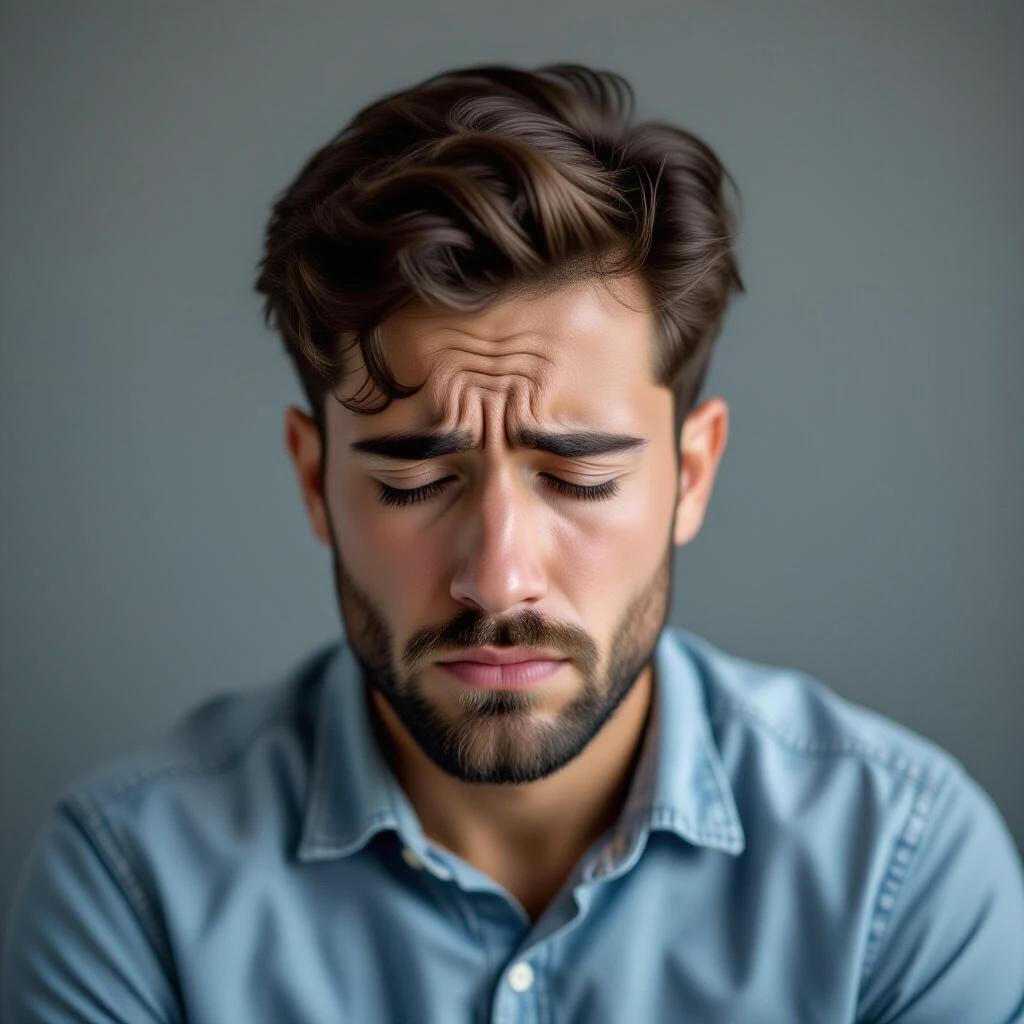 Sad man expressing deep emotions. Background adds to the feeling of sorrow. Close-up focused on facial expression. Horizontal orientation emphasizes sadness. Suitable for a 9-16 aspect ratio.