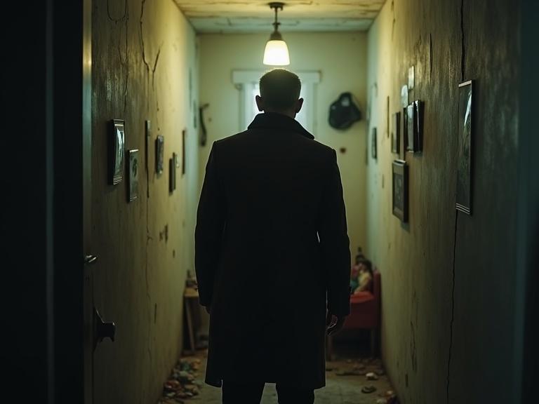 Scene in an old childhood bedroom with investigator standing. Investigator has calm features with eyes reflecting untold stories. Thin face showing lines from years of thought. Gray hair at the edges. Toys scattered, small bed, and a dim lamp. Atmosphere is eerie and nostalgic with pale walls and cracks. Faint photographs and a black notebook in background highlight sadness and shock.