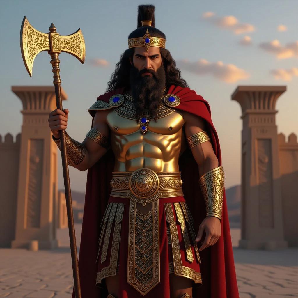 Ultra-realistic portrait of Gilgamesh as the king of Uruk. Depiction includes intricate armor, a regal stance, and mythical axe. Setting at Uruk’s palace during dusk with emphasis on grandeur and divine essence.