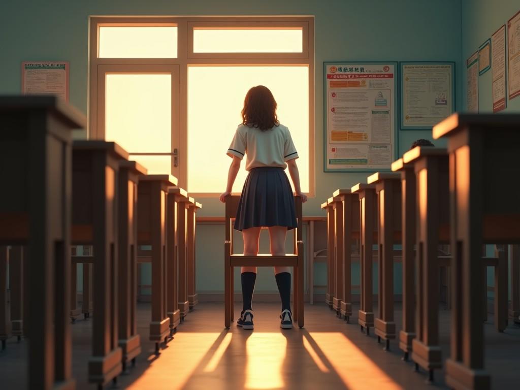 A silhouette of a schoolgirl standing in an empty classroom, gazing out at the sunrise through a large window. The desks are aligned in neat rows, casting long shadows across the floor, while educational posters adorn the walls. The warm morning light fills the room, creating a serene and contemplative atmosphere.