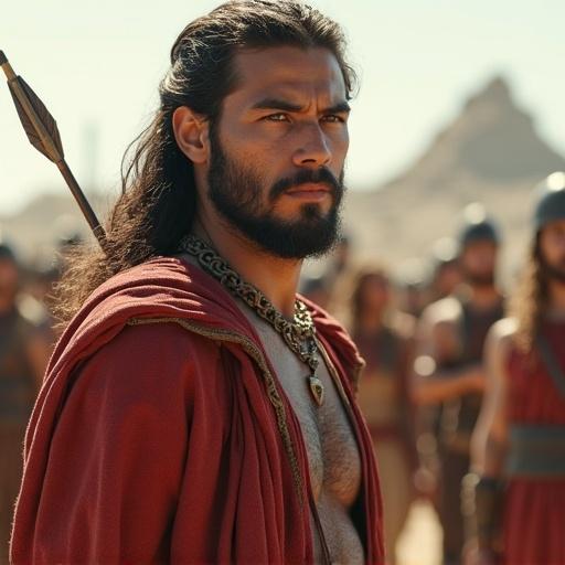 Image of an ancient soldier in a war zone. An arrow is piercing his chest. The soldier's clothing is styled from the biblical period. Bright daylight showcases ultra-realistic, vibrant colors. Clothes display vivid hues and skin tones are natural. Clear differentiation is present between skin and clothing.
