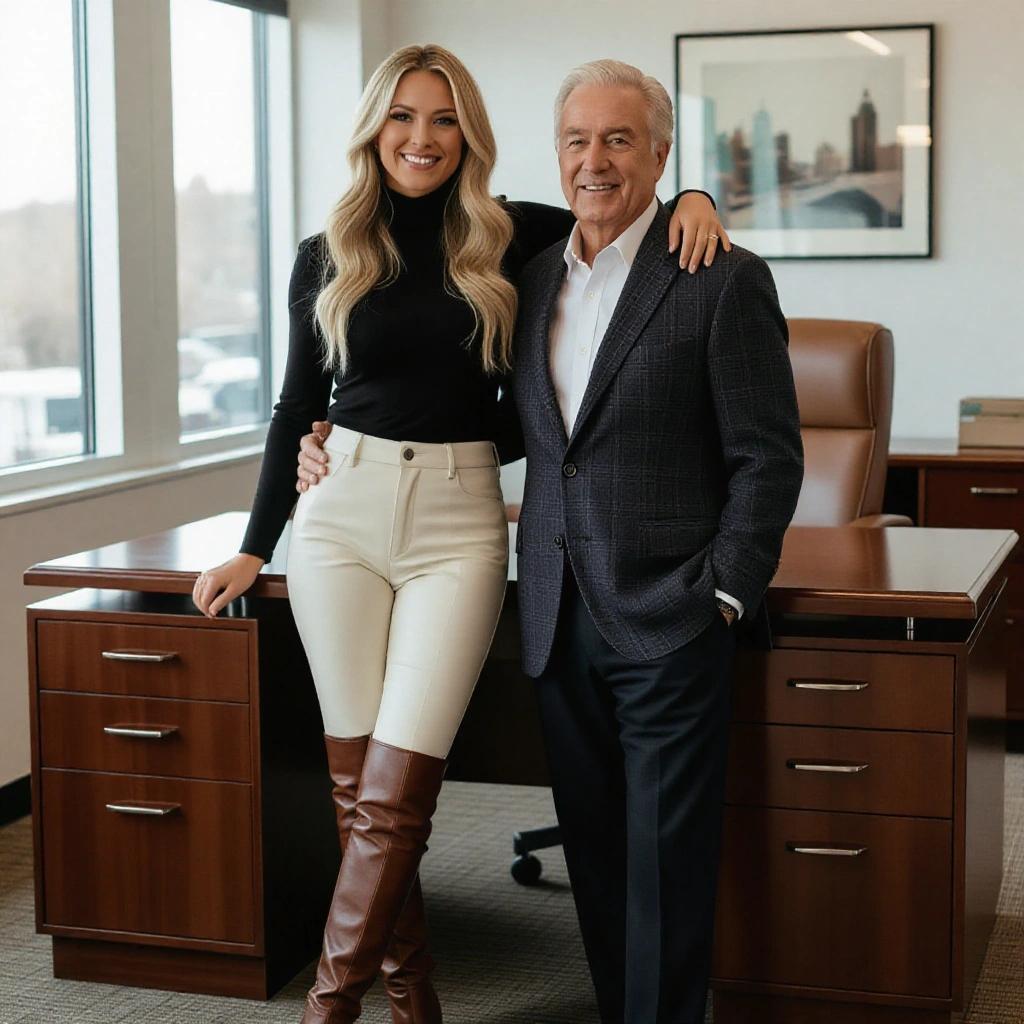 Detailed photo of a blonde model in cream leather pants and brown over-the-knee boots. She smiles at the camera leaning against an office desk. Older gentleman with arms around her waist stands beside her. Both appear professional and friendly.