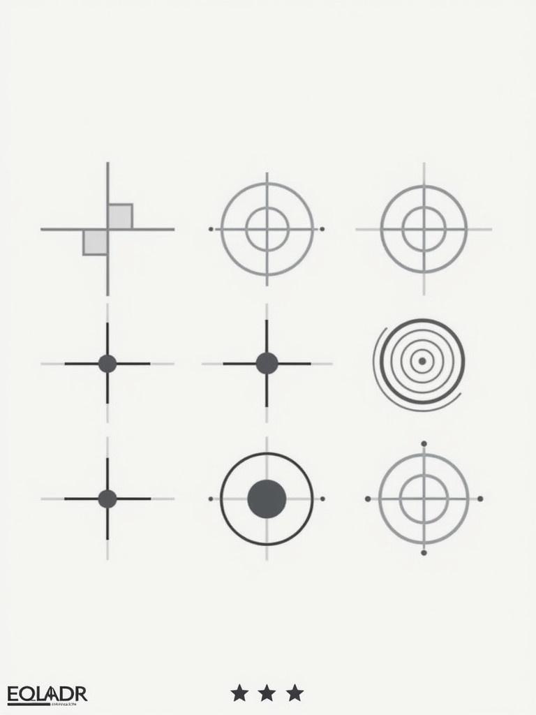 Spritesheet with simple crosshair designs with 64x64 pixels. Includes circular crosshair plus sign crosshair dot crosshair target-style crosshair with circles geometric crosshair. Arranged in grid format with transparent backgrounds high-resolution clarity for game engines.