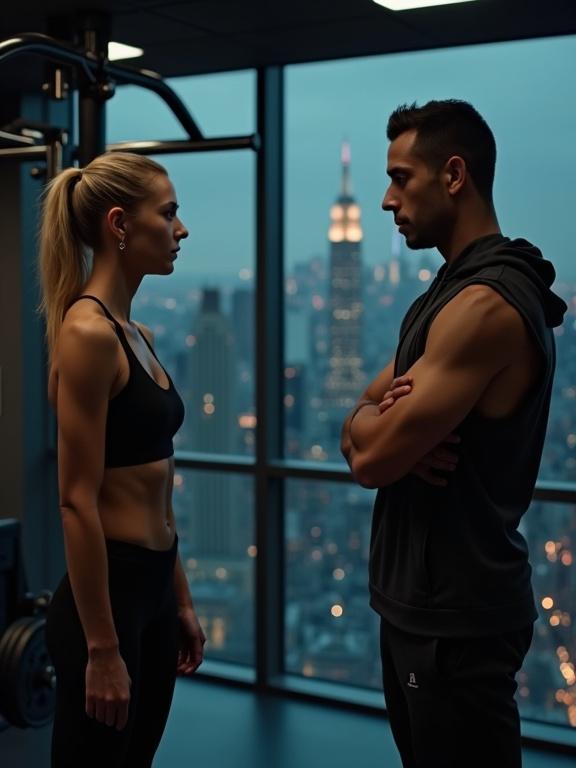 Upscale high-rise gym at night with dim lights and city skyline. A fit blonde woman in black leggings and sports bra engages with a well-built man in a sleeveless hoodie. Intimate and charged scene with a city background. Realistic cinematic drama style.
