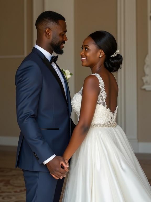 An African man in a suit and a woman in a wedding gown holding hands. They look at each other with smiles in an elegant setting.