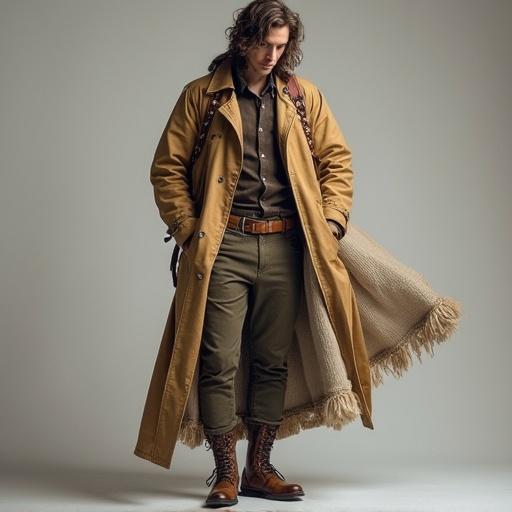 A man in a stylish long coat. He wears a button-up shirt and tailored pants. Boots are worn on his feet. A blanket is draped over his shoulder. The setting emphasizes a modern, fashionable look.