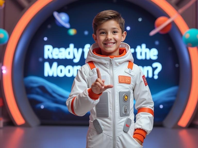 A young man is in a futuristic astronaut suit. The suit is white and orange. The setting is a spaceship-themed studio for children. The decor is playful and sci-fi with glowing panels and cartoon planets. There are colorful LED lights shaped like stars. Toy rockets are visible in the background. A screen behind shows the text 'Ready for the Moon Mission?' in a bright font. The man is smiling and pointing upward.