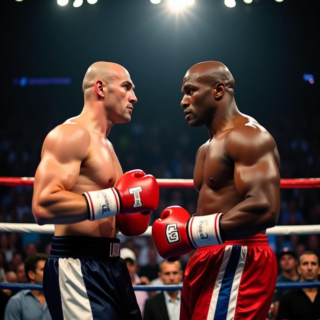 The image features two prominent boxers staring intensely into each other's eyes in a boxing ring. One boxer has a bald head and is wearing blue shorts, while the other has a muscular build and is in red shorts. The arena is filled with spectators, creating an electric atmosphere. Bright lights shine down, emphasizing the tension in the air. This moment captures the essence of anticipation before a significant bout.