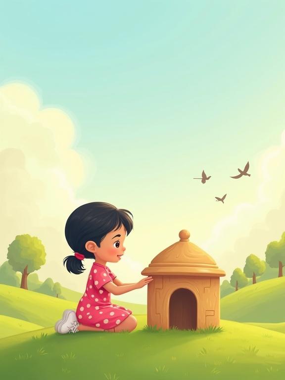 2D digital illustration of a little girl named Layla building a wooden house. Layla is 5–7 years old with short black hair tied in a ponytail. She wears a pink polka-dotted dress and white shoes. The house is small with a dome-shaped roof. Background features green rolling hills, trees, birds, and a blue sky. Soft lighting gives a warm and peaceful effect. The upper part is shaded for Arabic title text.