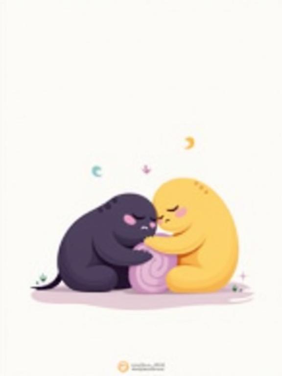 Children's workbook cover titled I'm Learning Sadness with blob-like characters. Dark purple character appears sad and curled up. Yellow character offers a warm blanket. Minimalist flat vector illustration on a clean white background. Title text is included at the top. 2:3 aspect ratio.