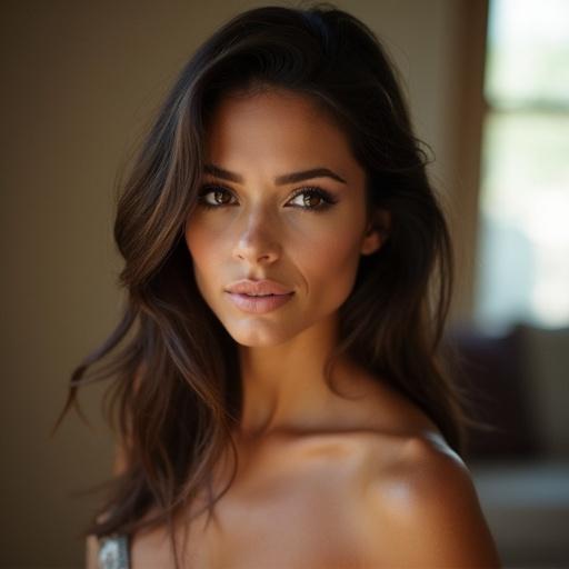 Close-up portrait of a hot brunette woman. Naturally flowing hair highlighting soft skin tones. Emphasis on elegance and beauty with soft lighting.