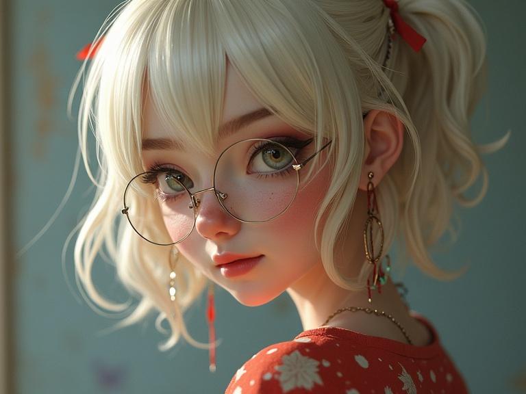 Realistic detailed nerdy platinum blonde girl character Portrait with glasses. Detailed features. Soft expressions. Warm lighting. Close-up shot.