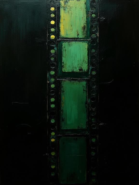 Close up digital oil painting shows black background. Harsh paint strokes are visible. Corroded and unfinished artistic elements are present. Flat colors combine with dynamic silhouette design. Minimalist style showcases voids shaped like film negatives. Shadows combine with edges resembling film strips. Subtle green oxidation and chemical corrosion at edges. Acid burn highlights and rusted green decay in voids. Greenish discoloration in shadows.