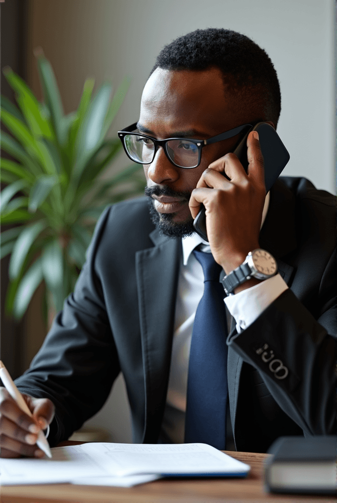 A man in a suit speaks on the phone while writing notes at a desk.