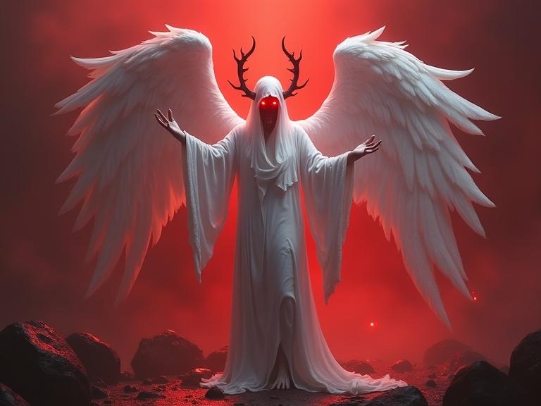 A striking image depicting an evil angel with large white wings and glowing red eyes. The setting resembles hell with a dramatic red background and dark rocky foreground. The figure stands imposing with arms outstretched.