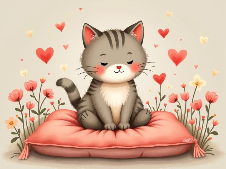 Cute cat sits on a pink pillow. Surrounded by flowers and heart lights. Rendered in naive art style.
