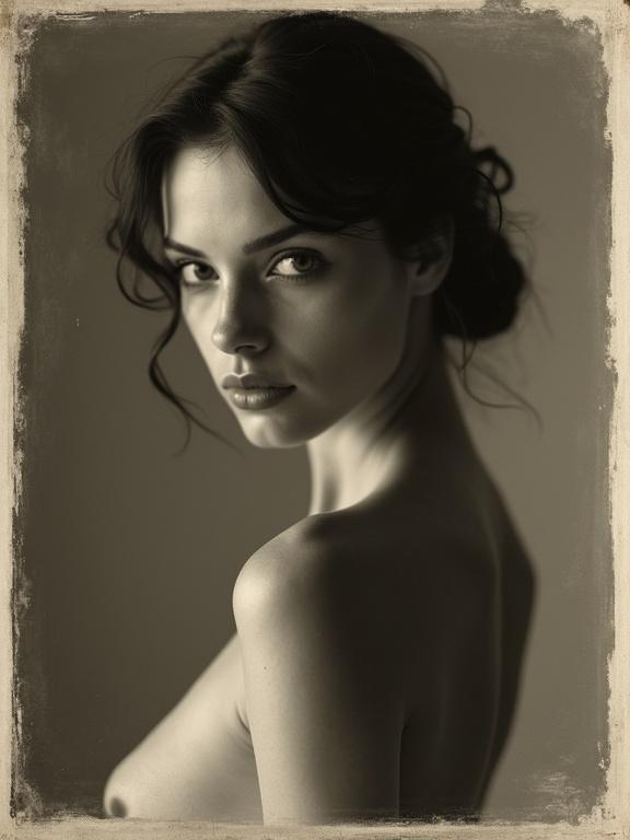 Black and white sepia vintage style photo of a beautiful model. Full body shot with diffused lighting. Captured from a low angle using a Hasselblad camera.
