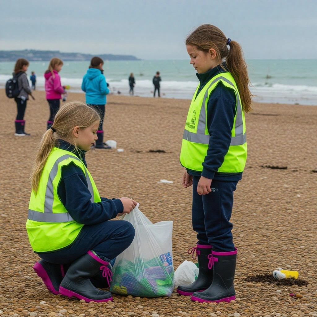 School trip to beach for litter cleanup by children. Two girls wearing hi-visibility vests and boots. They are collecting litter into a bag. Others in background. Coastal scenery.