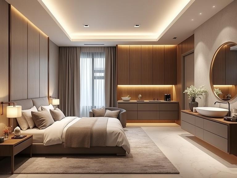 Modern bedroom with warm lighting. Features elegant bed with soft bedding. Includes stylish furniture and decor. Open space with large windows.