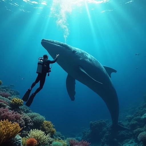 Scuba diver wearing diving suit interacts with a whale in a clear ocean setting. Soft light rays are visible through the water creating an immersive underwater scene. Colorful coral reefs are present enhancing the beauty of the marine environment. The photograph captures a cinematic and breathtaking moment from a distance, with particles adding to the color and depth perception.