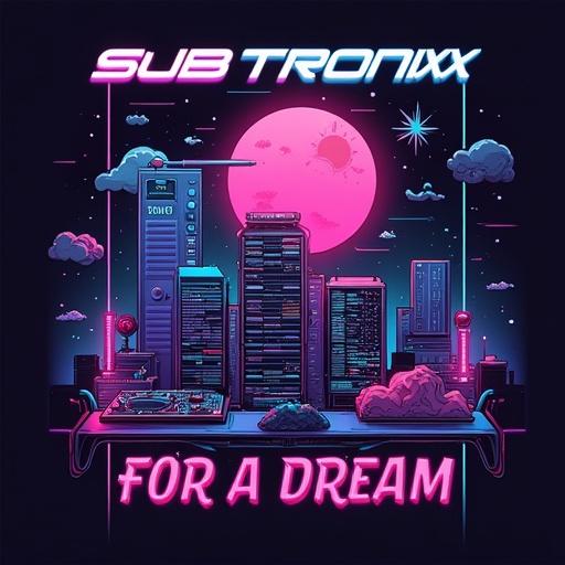 Neon tech album cover with city skyline and a large moon. Prominent text shows DJ Subtronixx and For A Dream. Colorful neon design with clouds and futuristic elements.