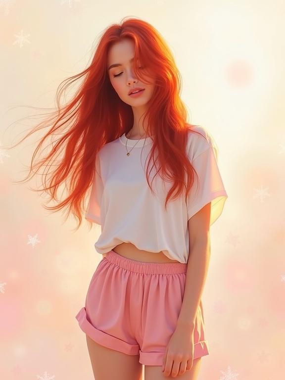 A woman with long crimson red hair stands gracefully. Her pose appears shy and gentle. She wears a loose white t-shirt and high-waisted light pink shorts. The background features warm pastel hues. The overall style is painterly with visible brushstrokes.